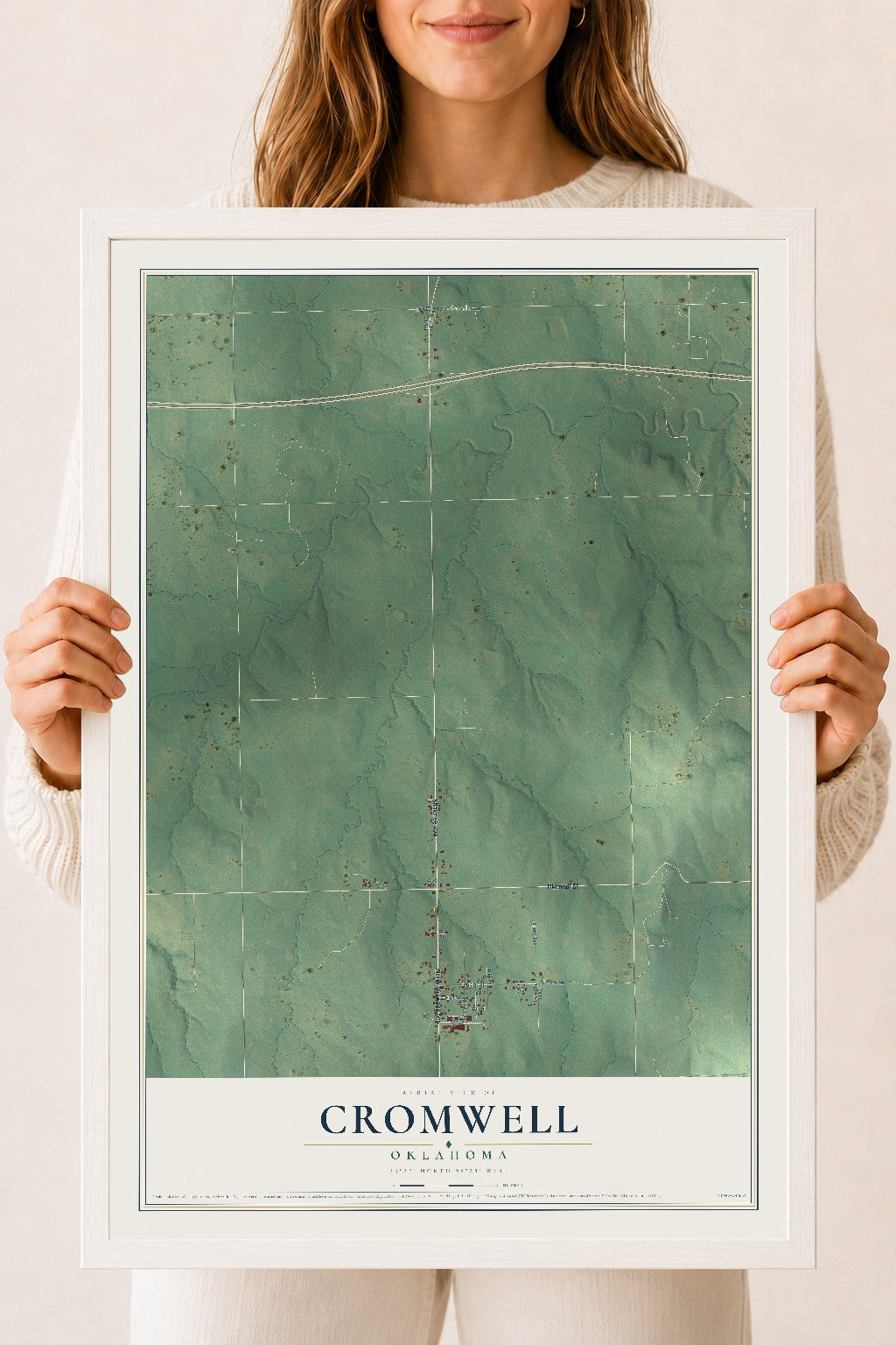 Map of Cromwell, Oklahoma, 18 x 24 inch print in a white wood frame