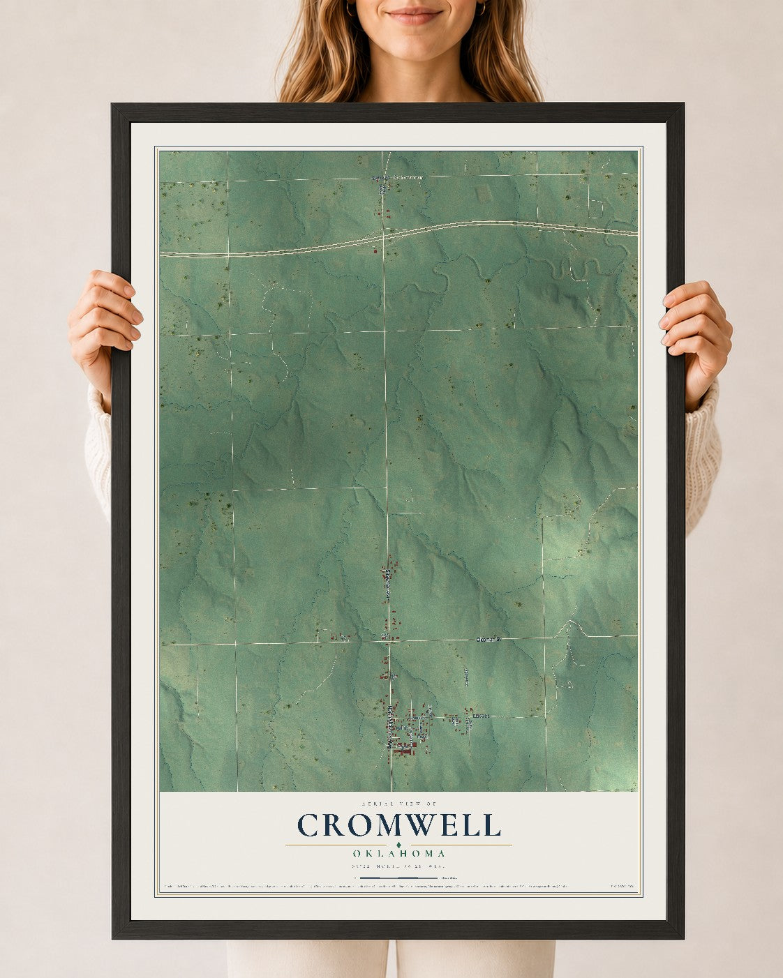 Map of Cromwell, Oklahoma, 24 x 36 inch print in a black wood frame