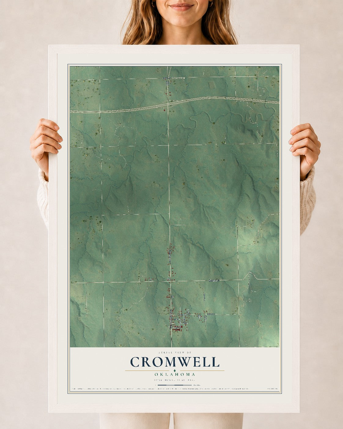 Map of Cromwell, Oklahoma, 24 x 36 inch print in a white wood frame