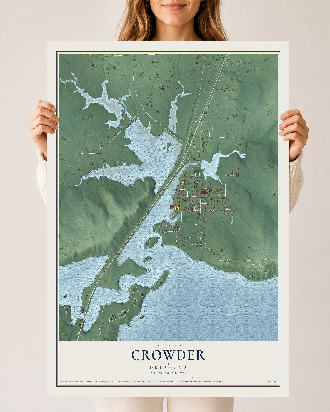 Map of Crowder, Oklahoma, 24 x 36 inch unframed archival matte print