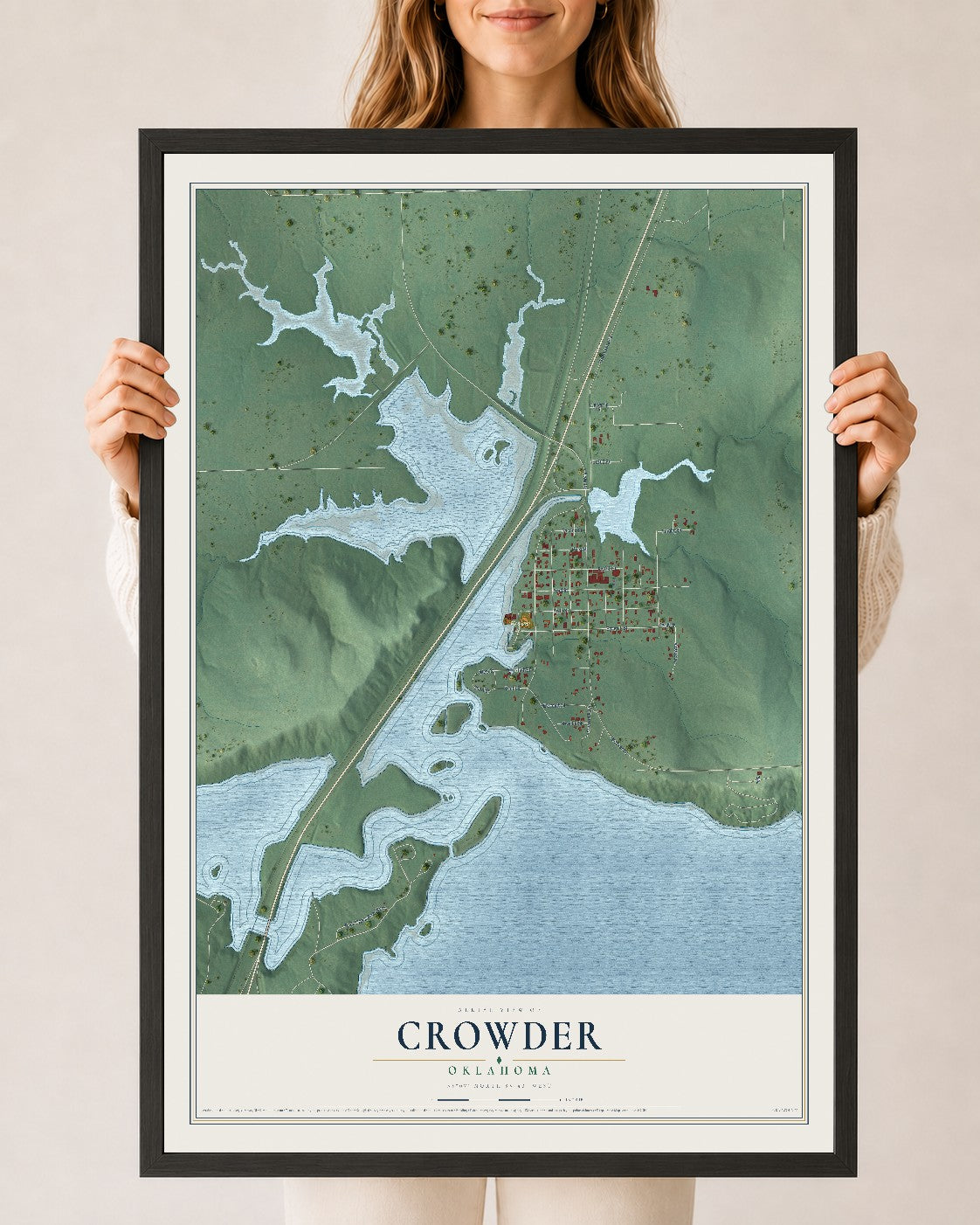 Map of Crowder, Oklahoma, 24 x 36 inch print in a black wood frame