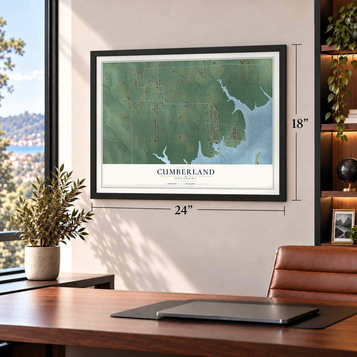 Cumberland, Oklahoma map, 18 x 24 inch print in a black frame in a home office