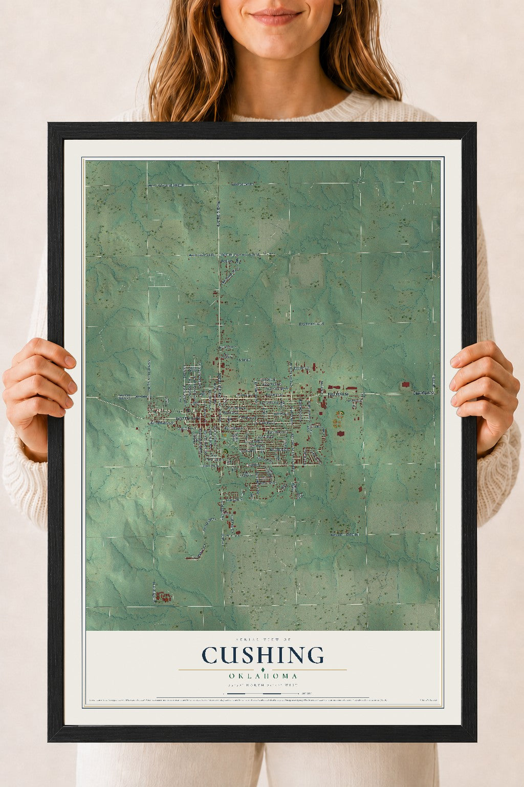 Map of Cushing, Oklahoma, 18 x 24 inch print in a black wood frame