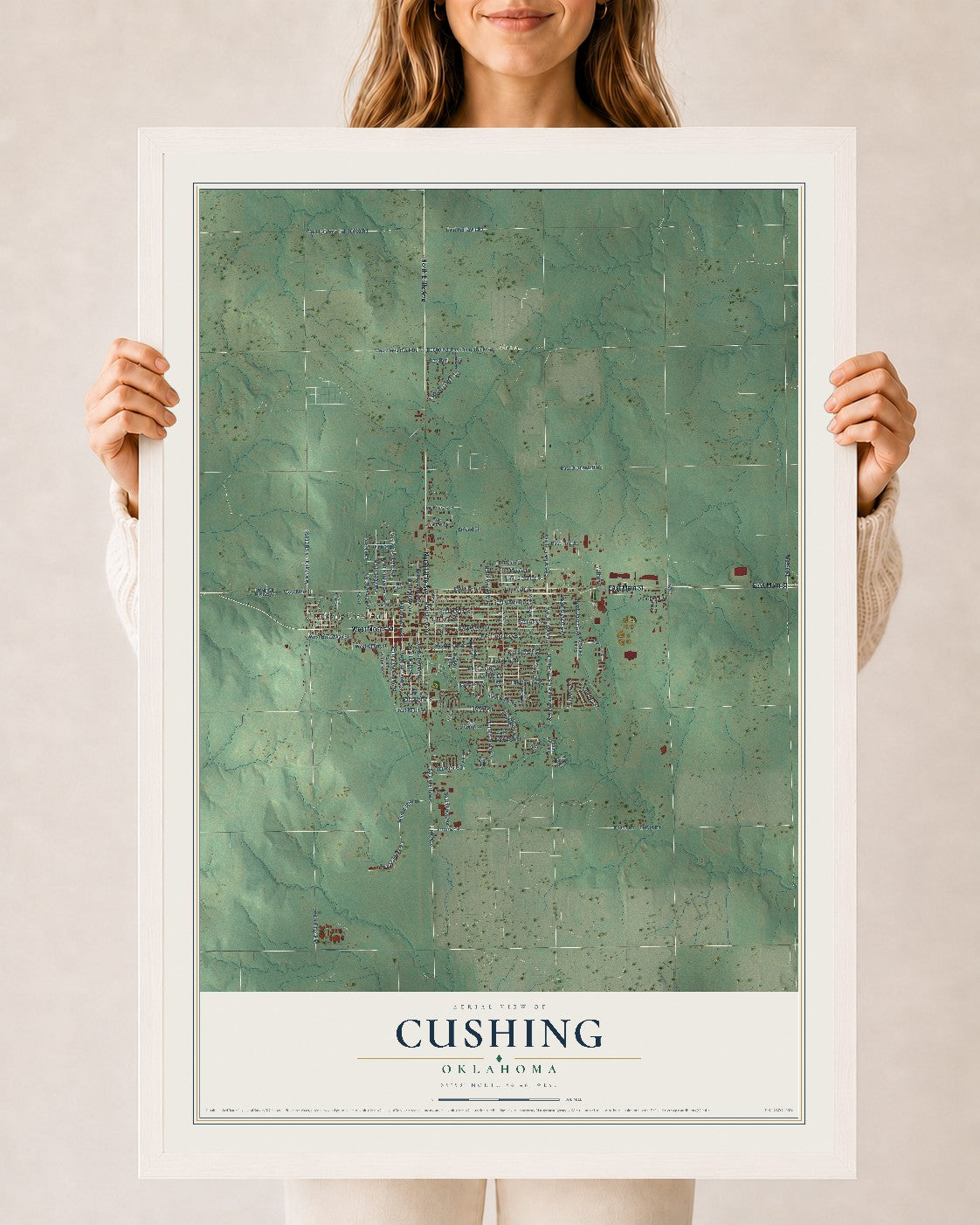 Map of Cushing, Oklahoma, 24 x 36 inch print in a white wood frame