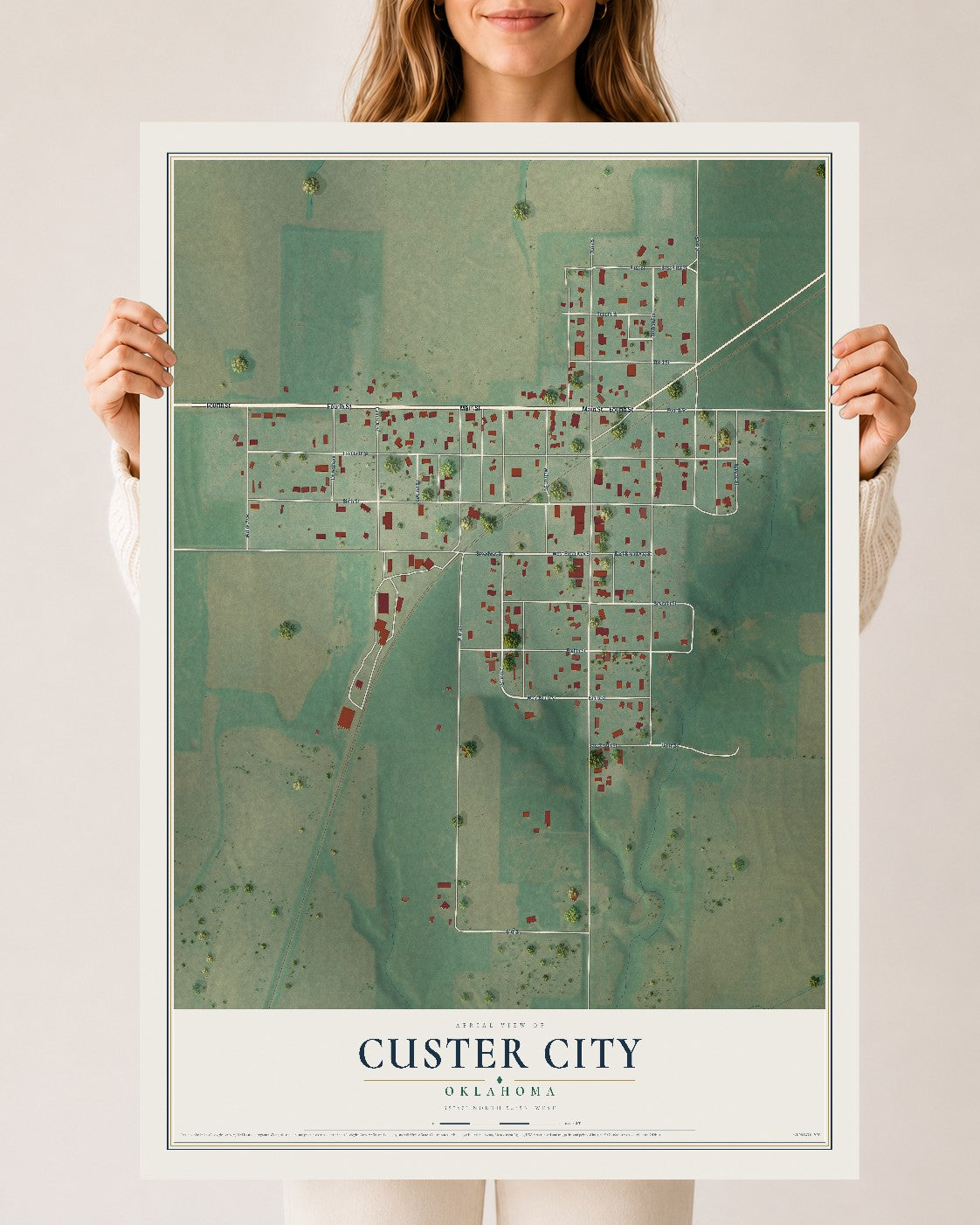Map of Custer City, Oklahoma, 24 x 36 inch unframed archival matte print