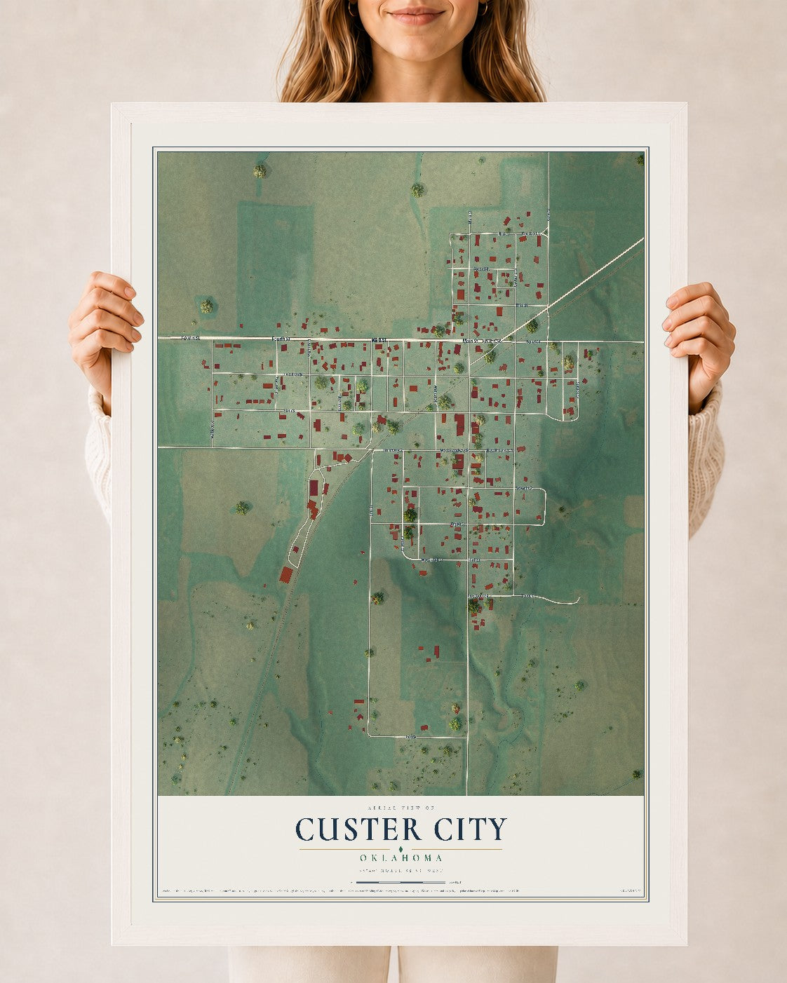 Map of Custer City, Oklahoma, 24 x 36 inch print in a white wood frame