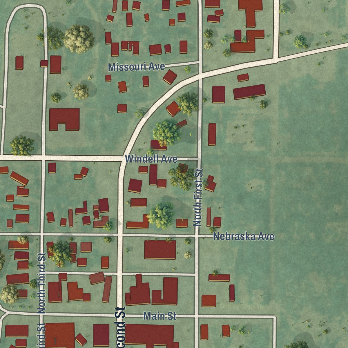 Second close-up of the map of Cyril, Oklahoma print showing more streets and buildings