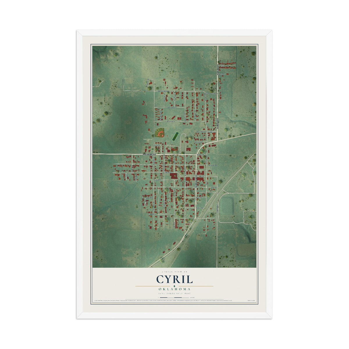 Map of Cyril, Oklahoma, 12 x 18 inch print in a white wood frame