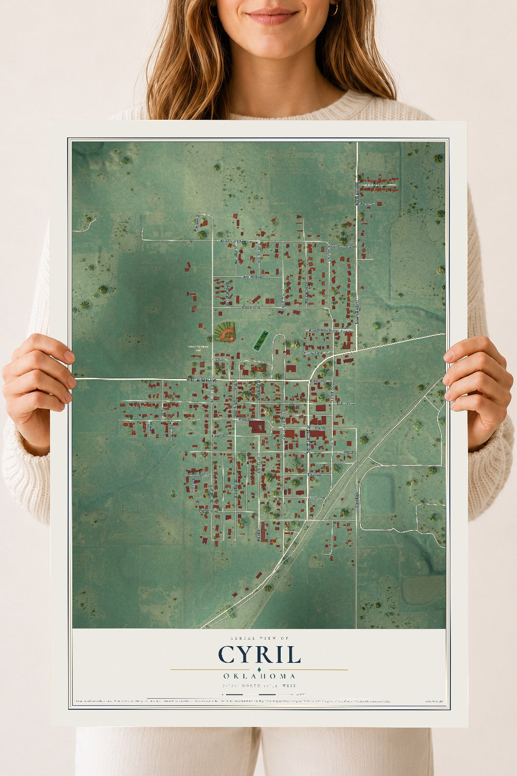 Map of Cyril, Oklahoma, 18 x 24 inch unframed archival matte print