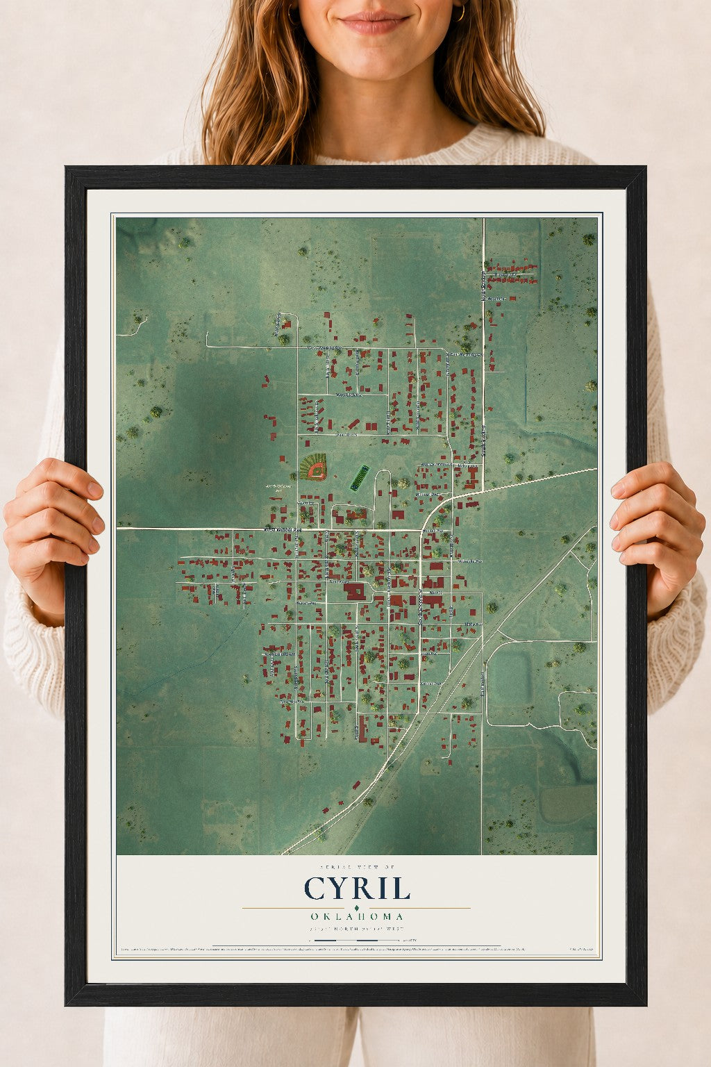 Map of Cyril, Oklahoma, 18 x 24 inch print in a black wood frame