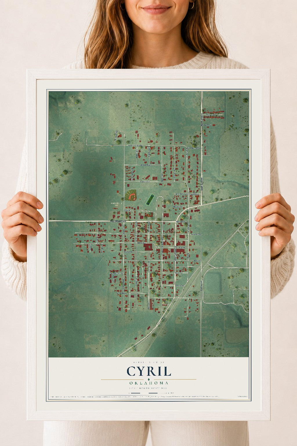 Map of Cyril, Oklahoma, 18 x 24 inch print in a white wood frame