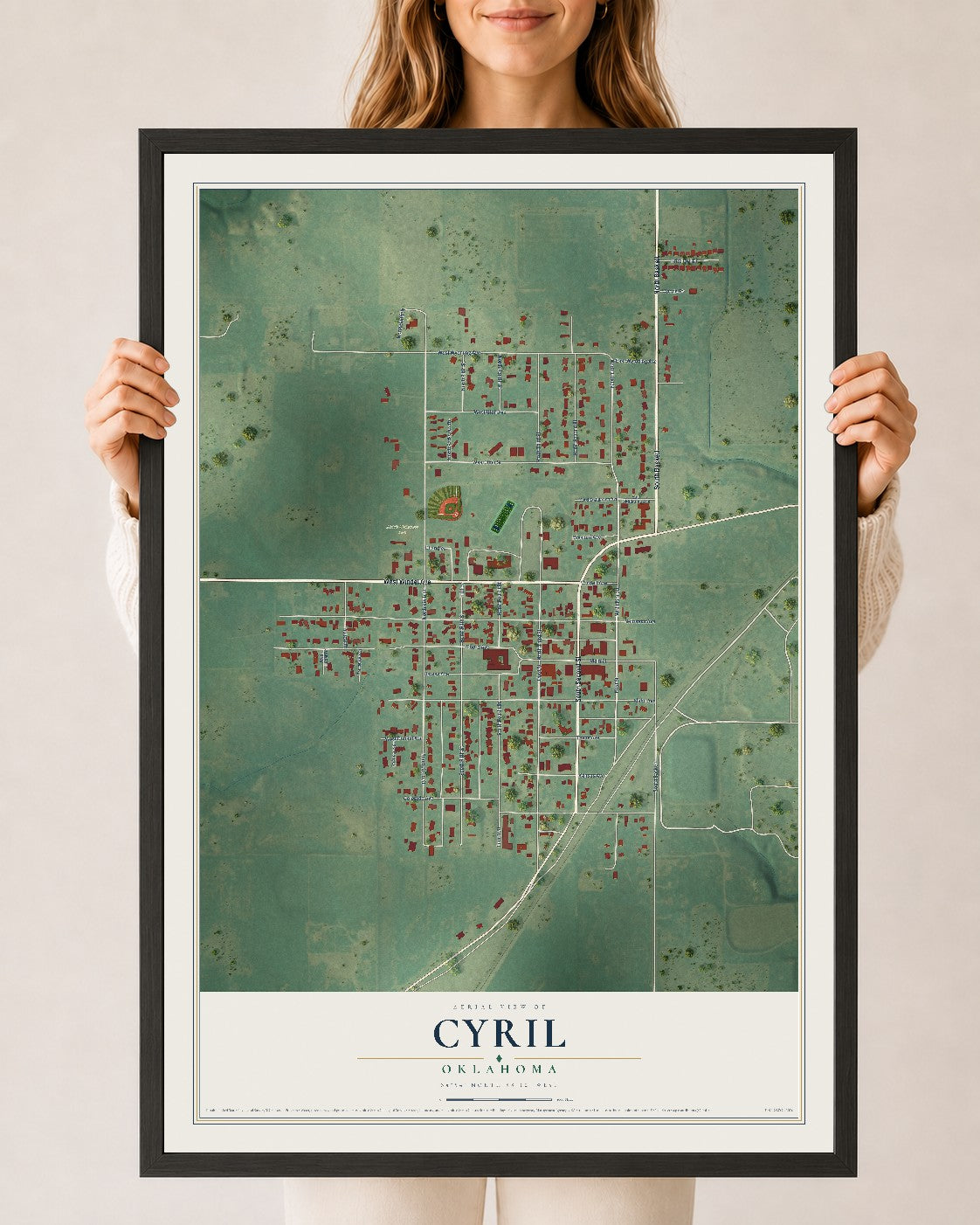 Map of Cyril, Oklahoma, 24 x 36 inch print in a black wood frame