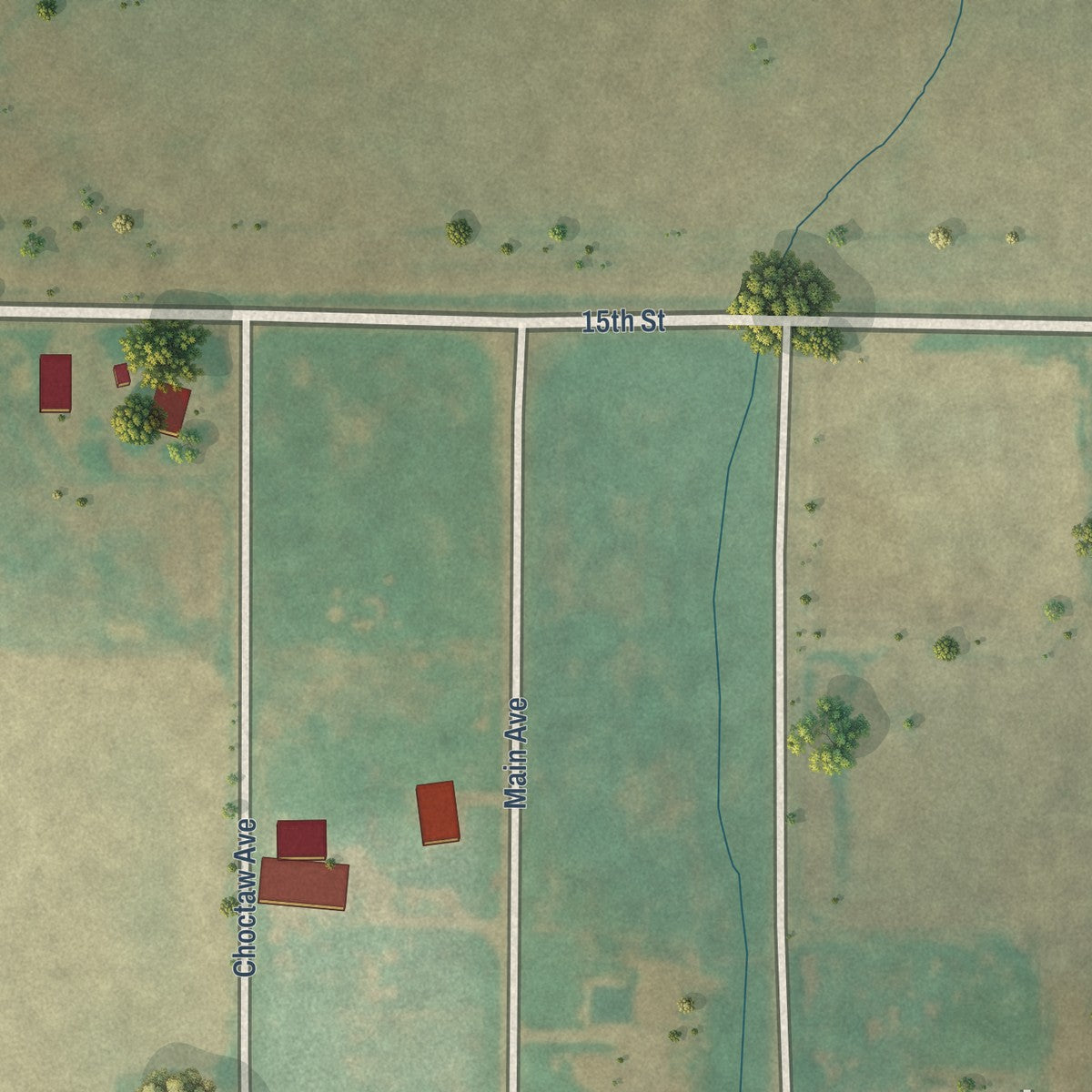 Second close-up of the map of Dacoma, Oklahoma print showing more streets and buildings