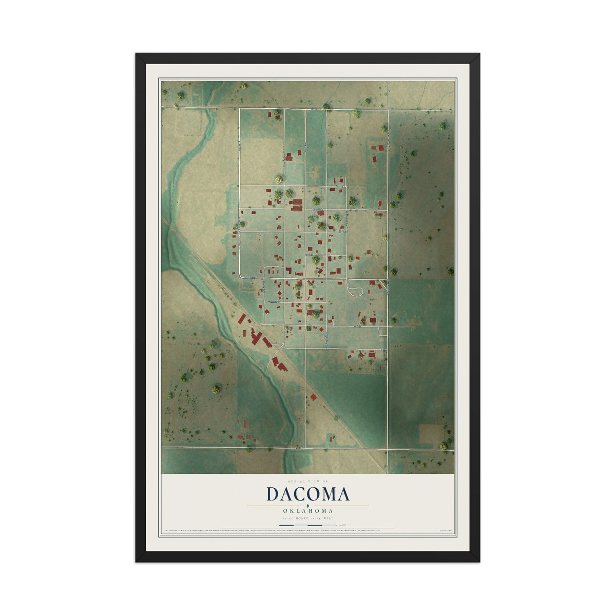Map of Dacoma, Oklahoma, 12 x 18 inch print in a black wood frame