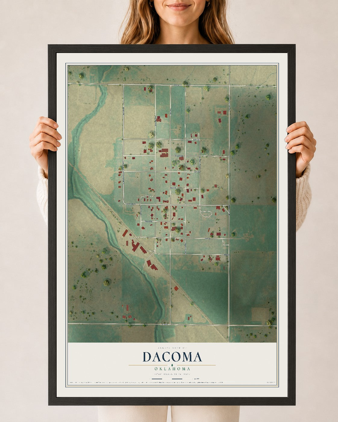 Map of Dacoma, Oklahoma, 24 x 36 inch print in a black wood frame