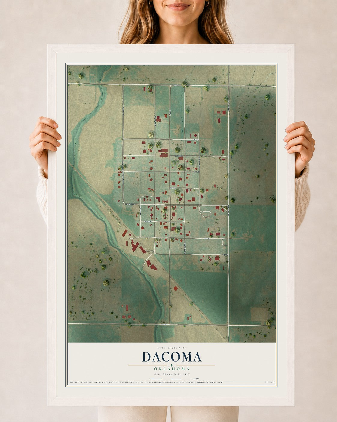 Map of Dacoma, Oklahoma, 24 x 36 inch print in a white wood frame