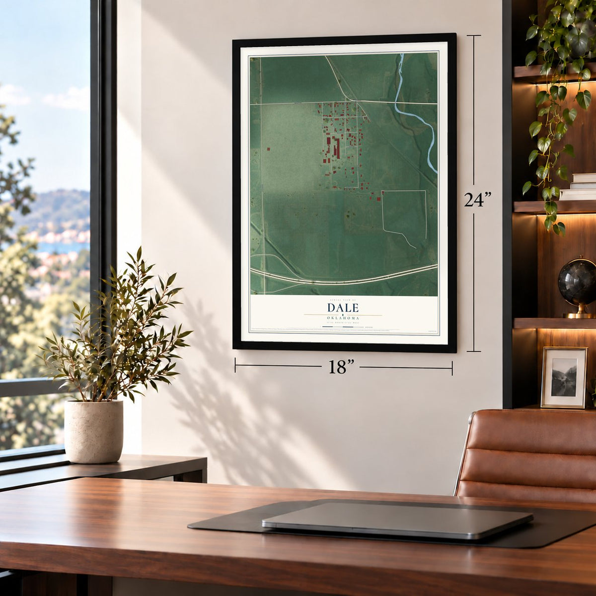 Dale, Oklahoma map, 18 x 24 inch print in a black frame in a home office