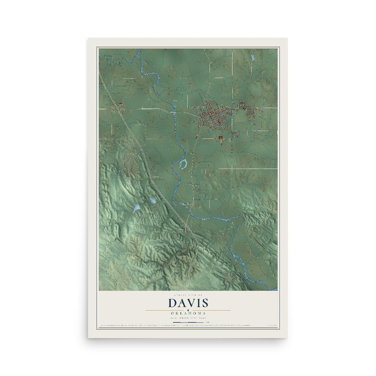 Map of Davis, Oklahoma, 12 x 18 inch unframed archival matte print