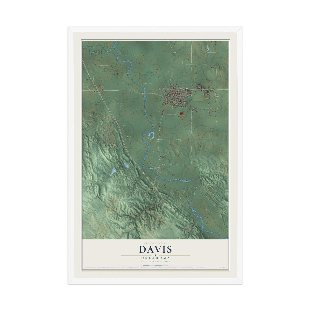 Map of Davis, Oklahoma, 12 x 18 inch print in a white wood frame