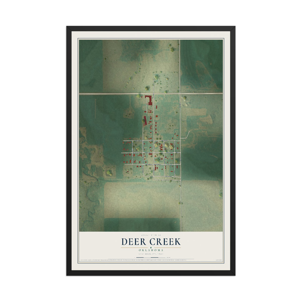 Map of Deer Creek, Oklahoma, 12 x 18 inch print in a black wood frame