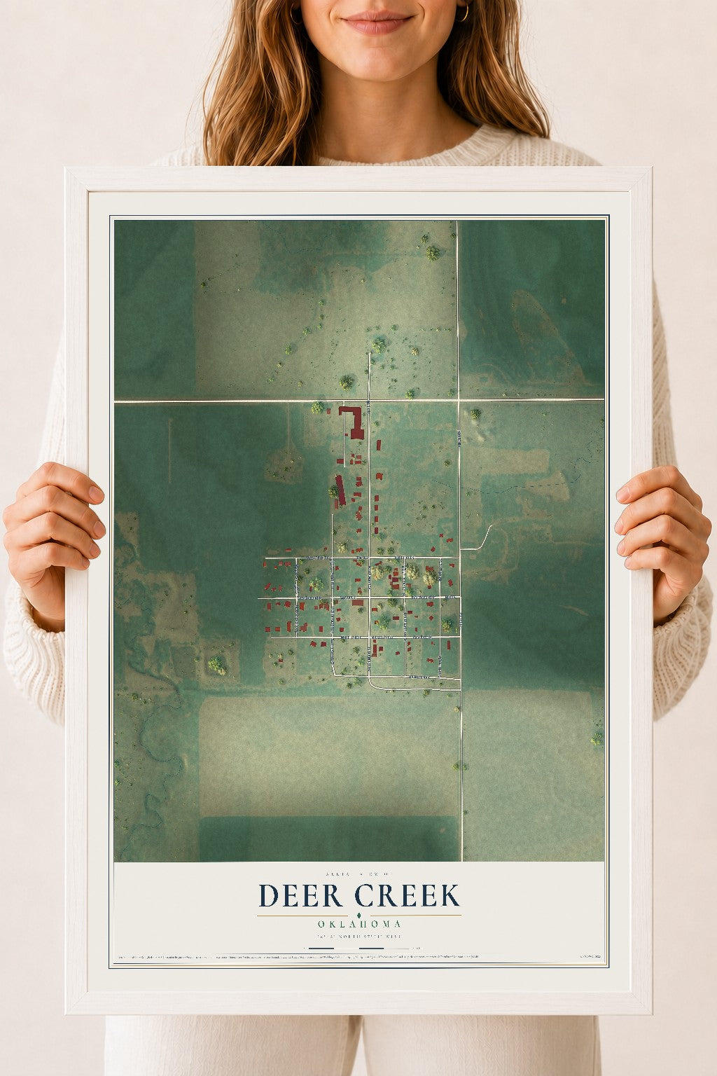 Map of Deer Creek, Oklahoma, 18 x 24 inch print in a white wood frame