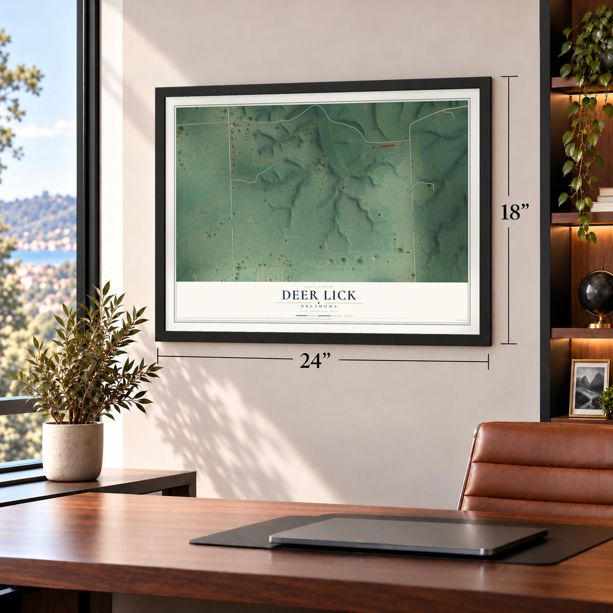 Deer Lick, Oklahoma map, 18 x 24 inch print in a black frame in a home office