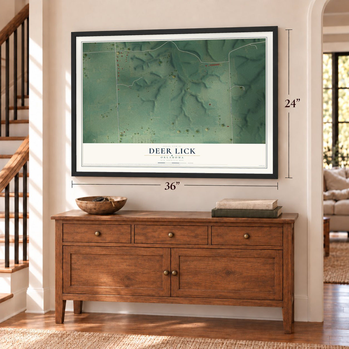 Deer Lick, Oklahoma map, 24 x 36 inch print in a black frame above a dresser by a staircase