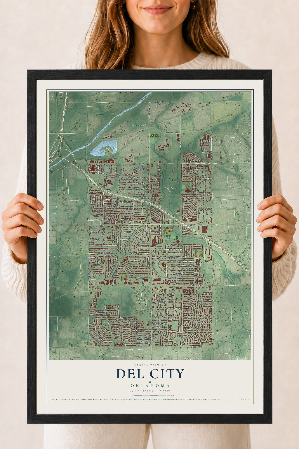 Map of Del City, Oklahoma, 18 x 24 inch print in a black wood frame
