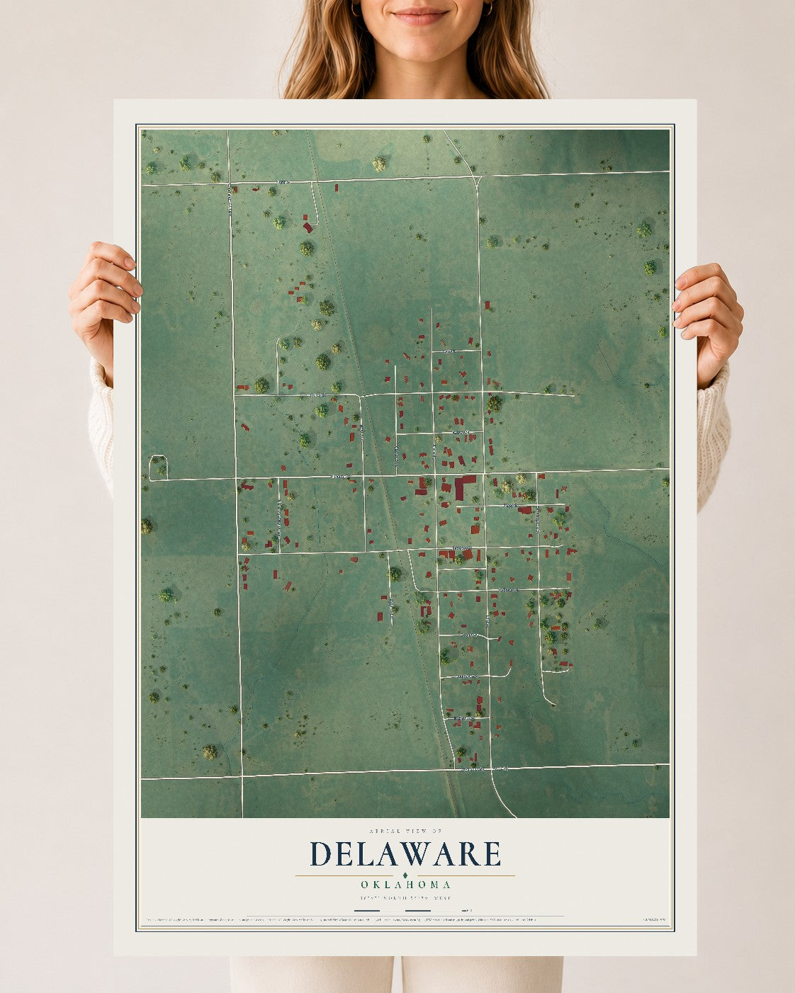 Map of Delaware, Oklahoma, 24 x 36 inch unframed archival matte print