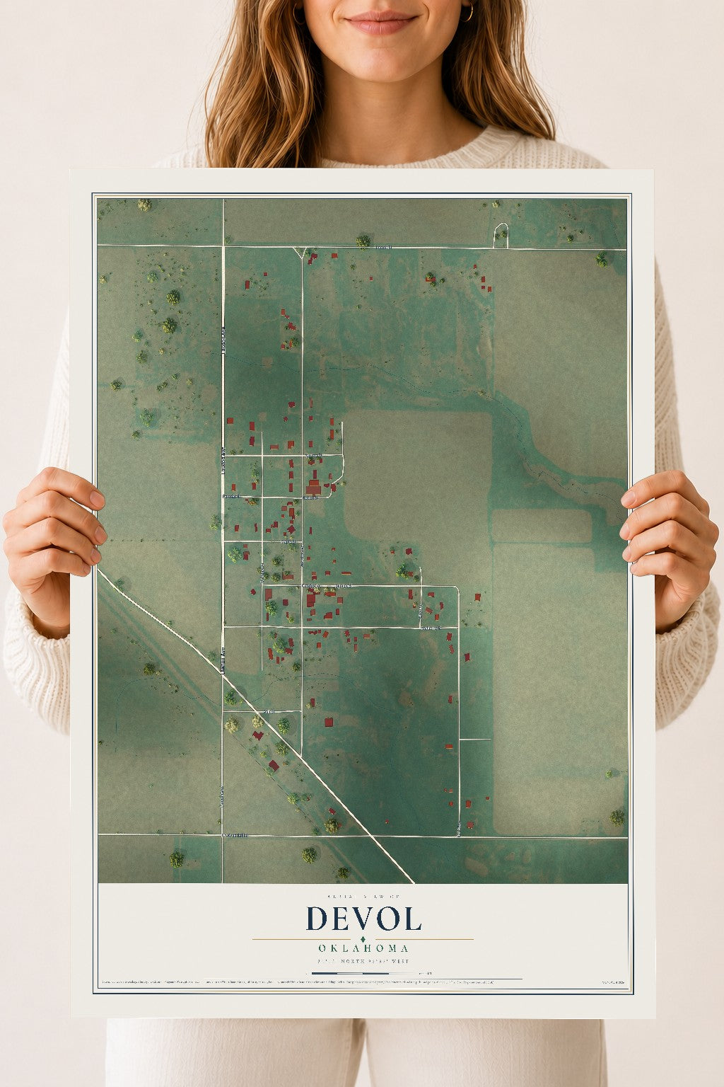 Map of Devol, Oklahoma, 18 x 24 inch unframed archival matte print