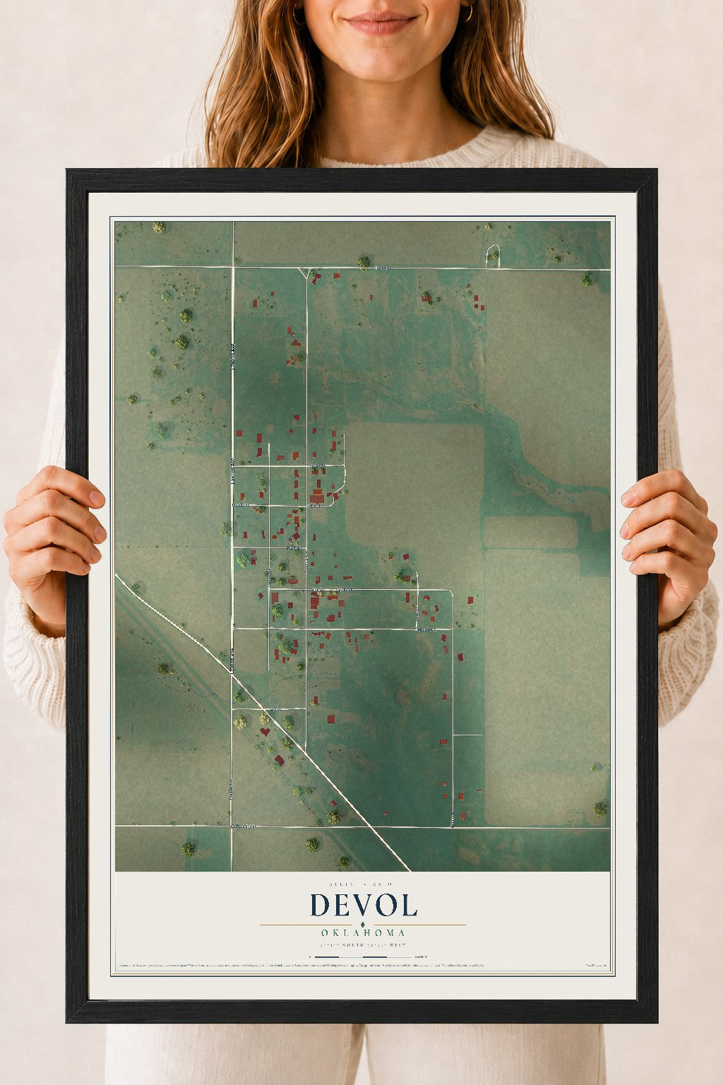 Map of Devol, Oklahoma, 18 x 24 inch print in a black wood frame