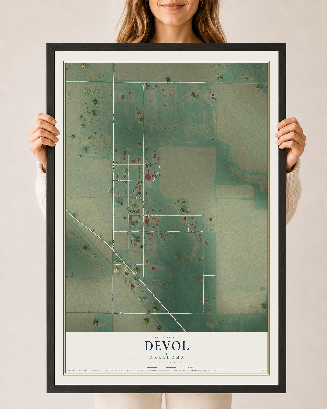 Map of Devol, Oklahoma, 24 x 36 inch print in a black wood frame
