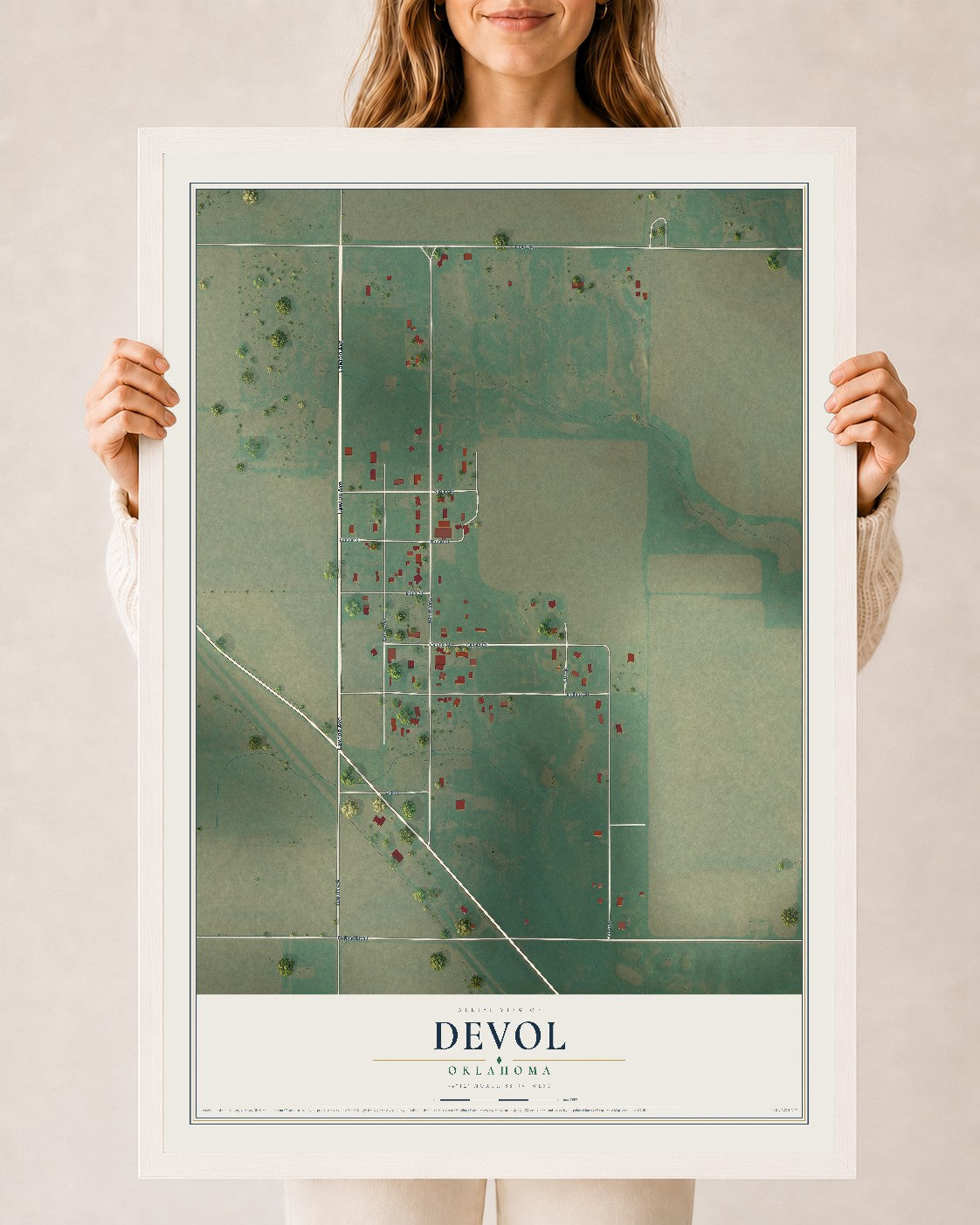 Map of Devol, Oklahoma, 24 x 36 inch print in a white wood frame