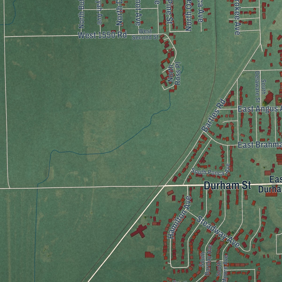 Second close-up of the map of Dewey, Oklahoma print showing more streets and buildings