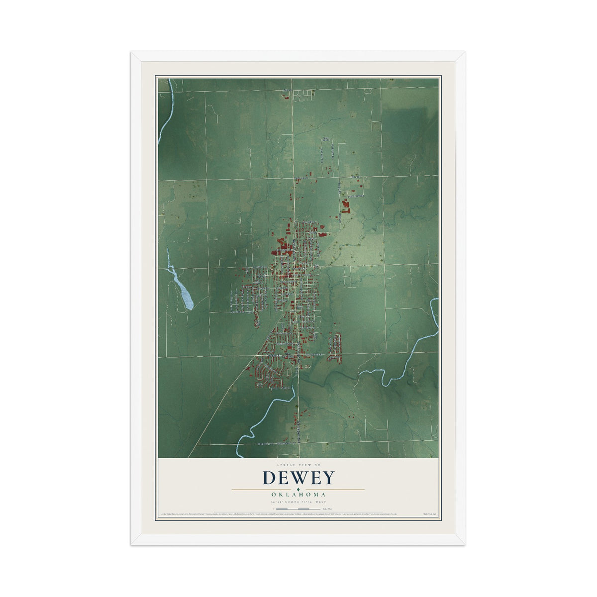 Map of Dewey, Oklahoma, 12 x 18 inch print in a white wood frame