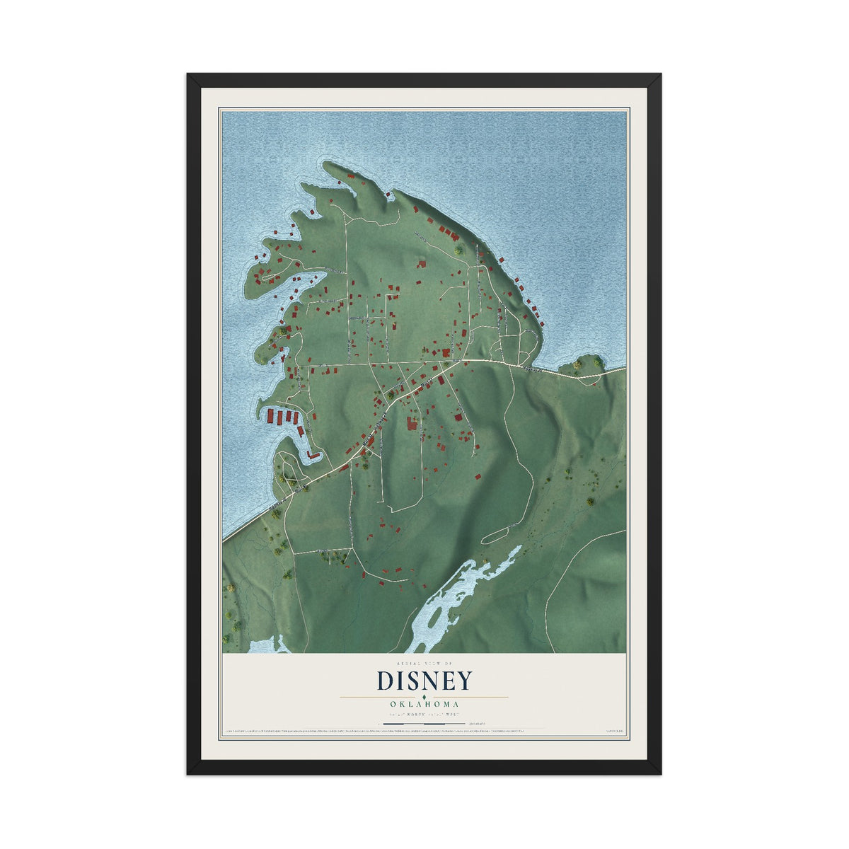 Map of Disney, Oklahoma, 12 x 18 inch print in a black wood frame