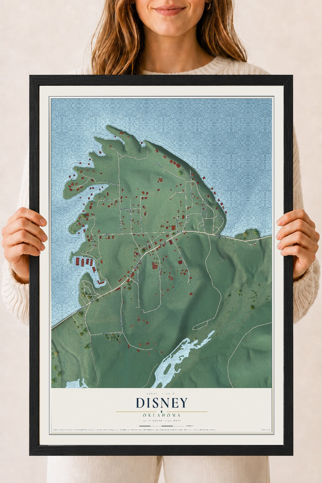 Map of Disney, Oklahoma, 18 x 24 inch print in a black wood frame