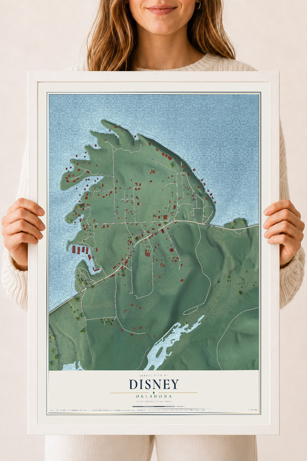 Map of Disney, Oklahoma, 18 x 24 inch print in a white wood frame