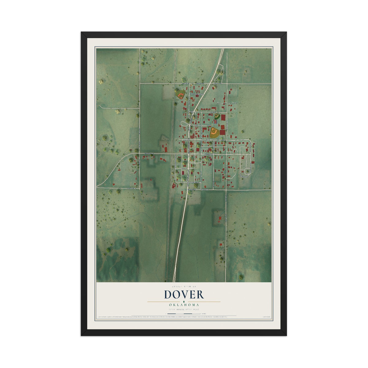 Map of Dover, Oklahoma, 12 x 18 inch print in a black wood frame