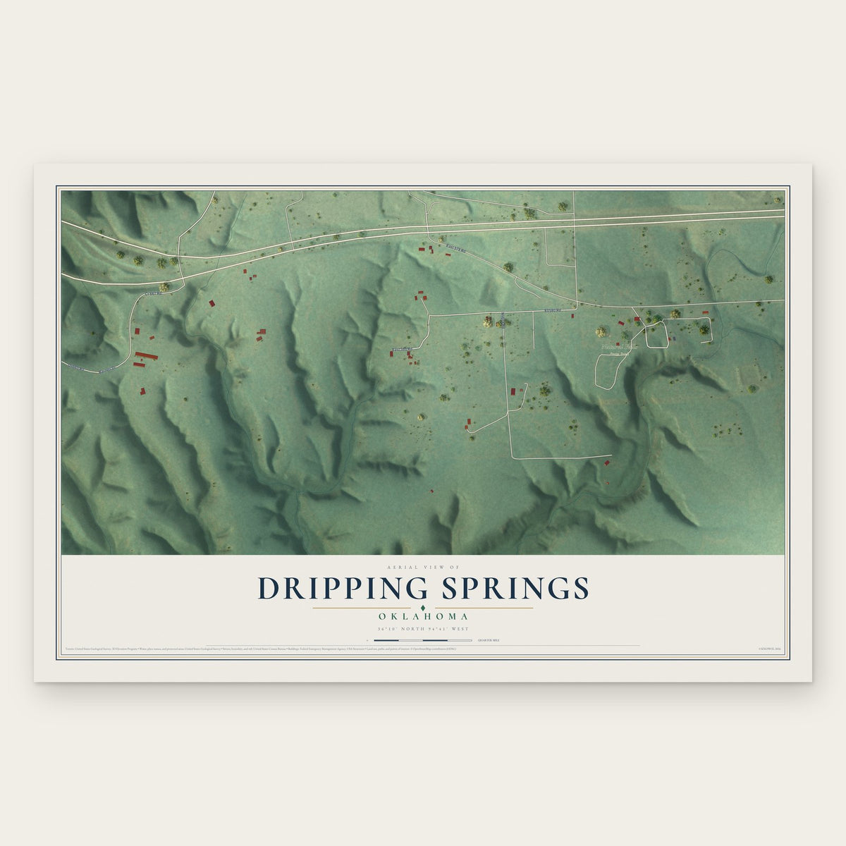 Dripping Springs, Oklahoma map print, the full design