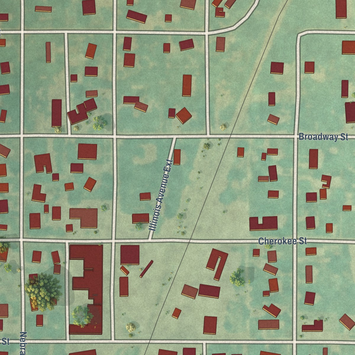 Close-up of the map of Drummond, Oklahoma print showing street and building detail