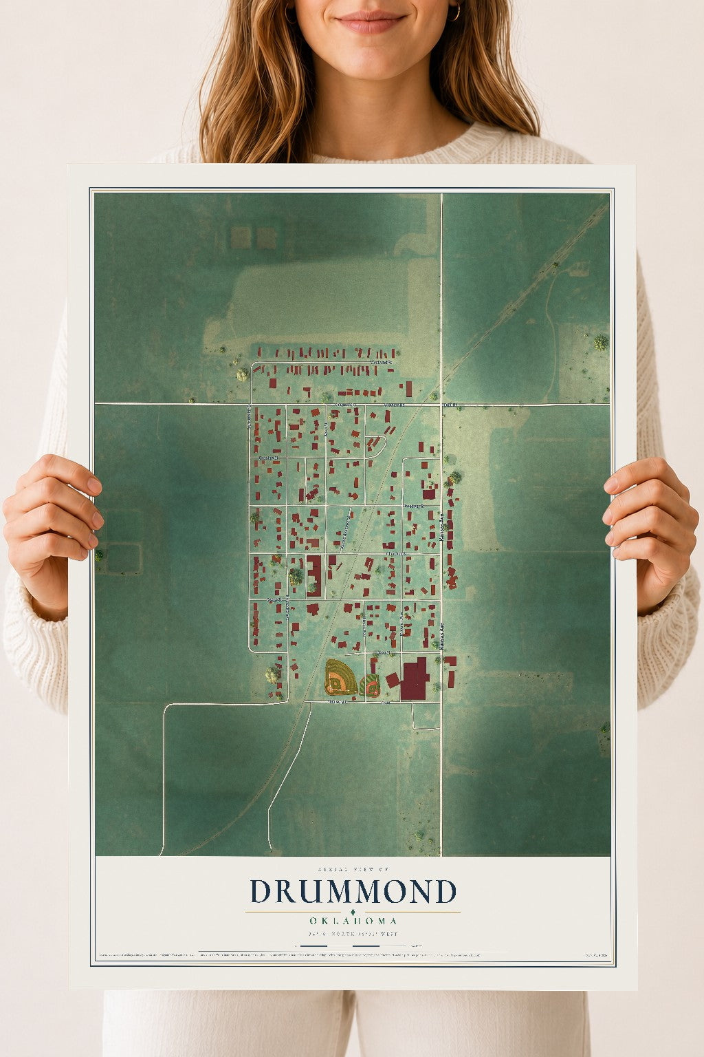 Map of Drummond, Oklahoma, 18 x 24 inch unframed archival matte print