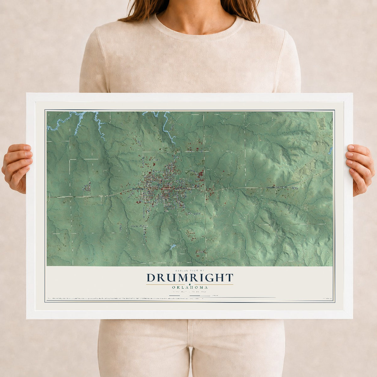 Map of Drumright, Oklahoma, 12 x 18 inch print in a white wood frame