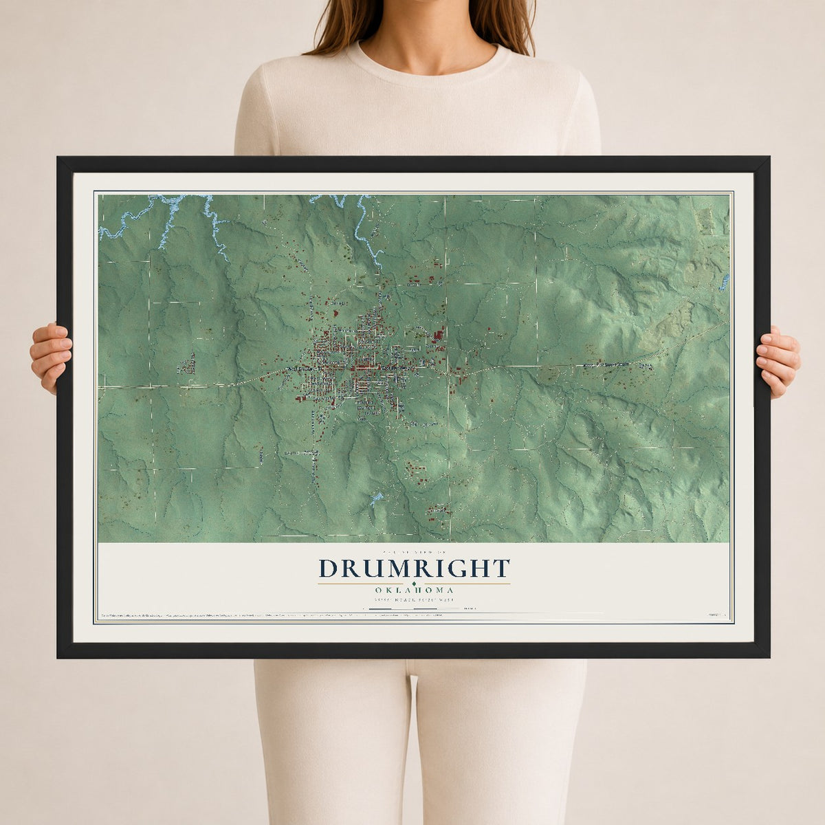 Map of Drumright, Oklahoma, 24 x 36 inch print in a black wood frame
