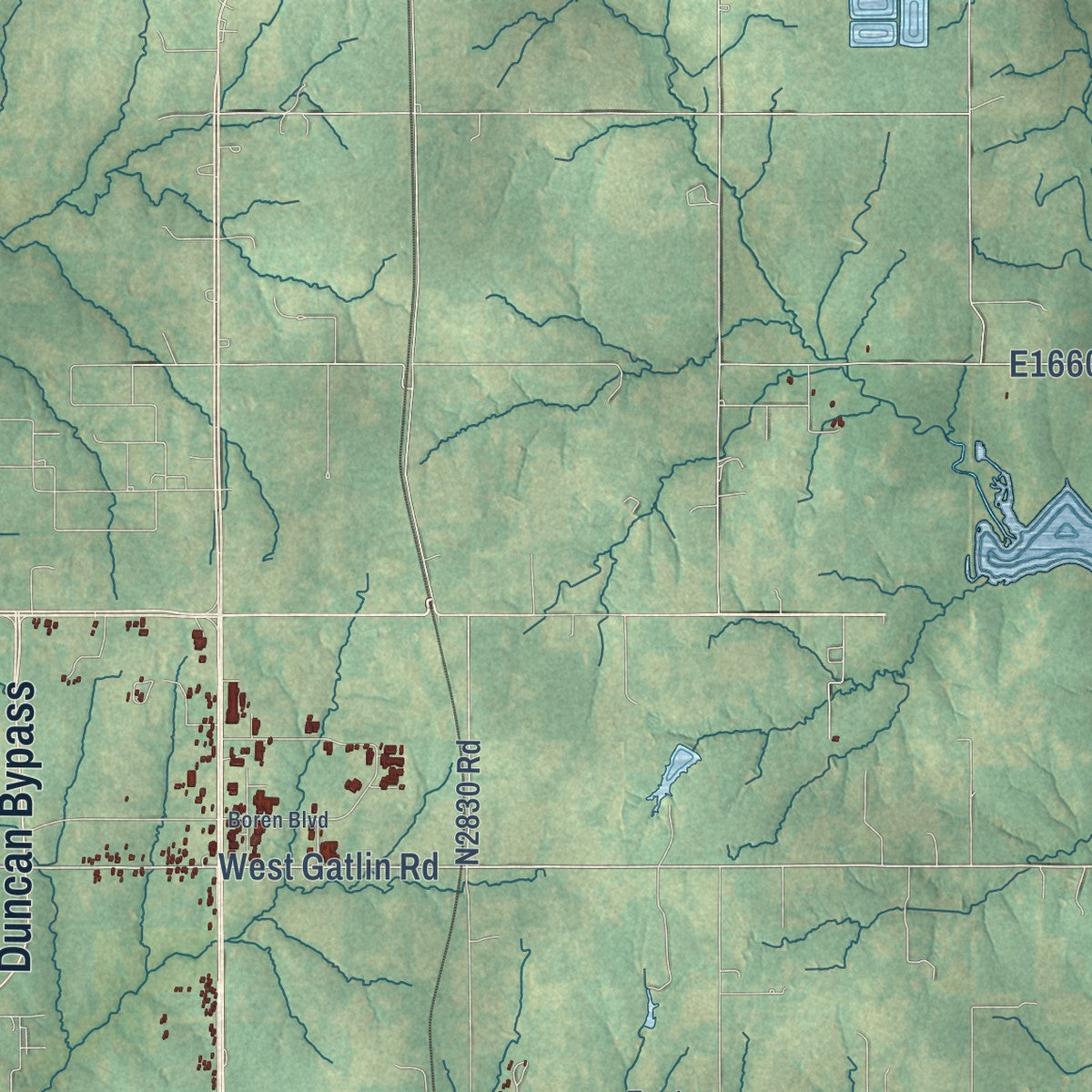 Second close-up of the map of Duncan, Oklahoma print showing more streets and buildings