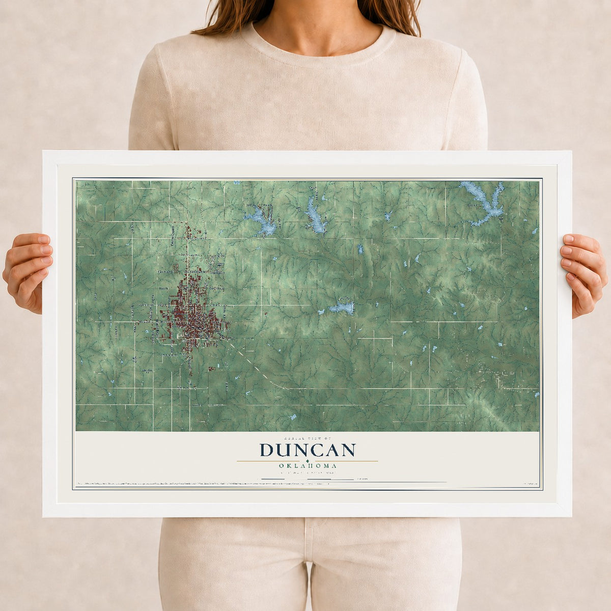 Map of Duncan, Oklahoma, 12 x 18 inch print in a white wood frame