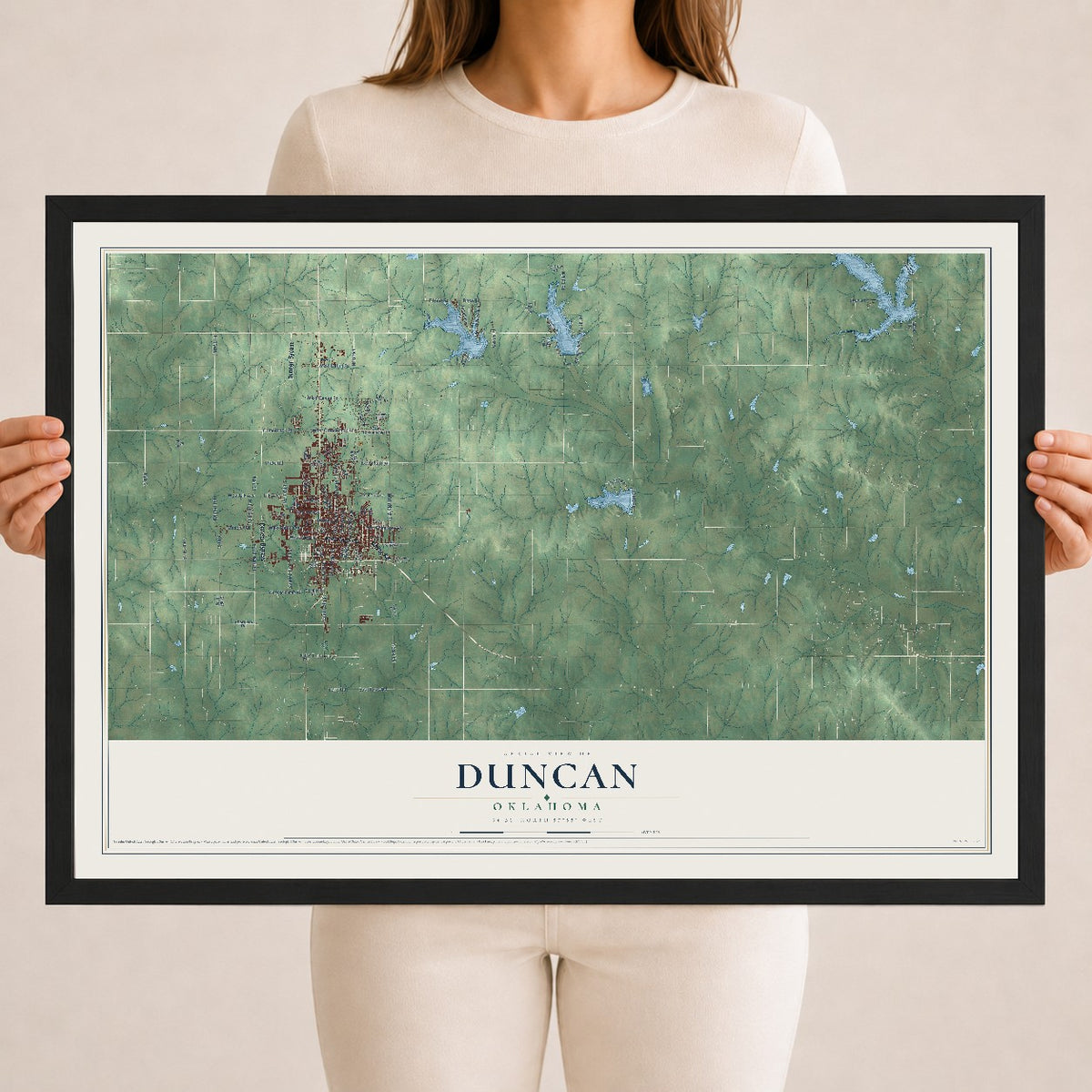 Map of Duncan, Oklahoma, 18 x 24 inch print in a black wood frame