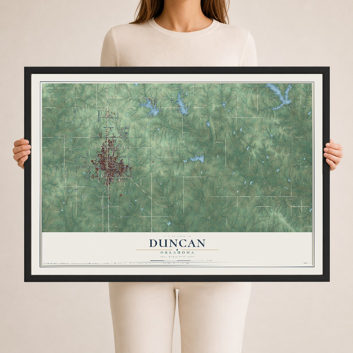 Map of Duncan, Oklahoma, 24 x 36 inch print in a black wood frame