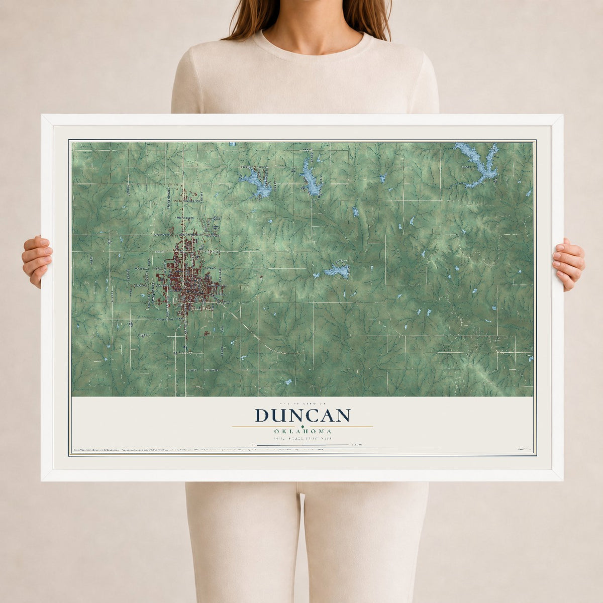 Map of Duncan, Oklahoma, 24 x 36 inch print in a white wood frame