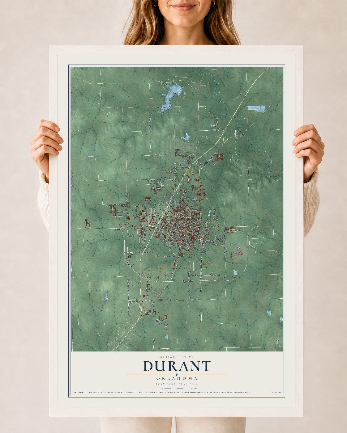 Map of Durant, Oklahoma, 24 x 36 inch print in a white wood frame